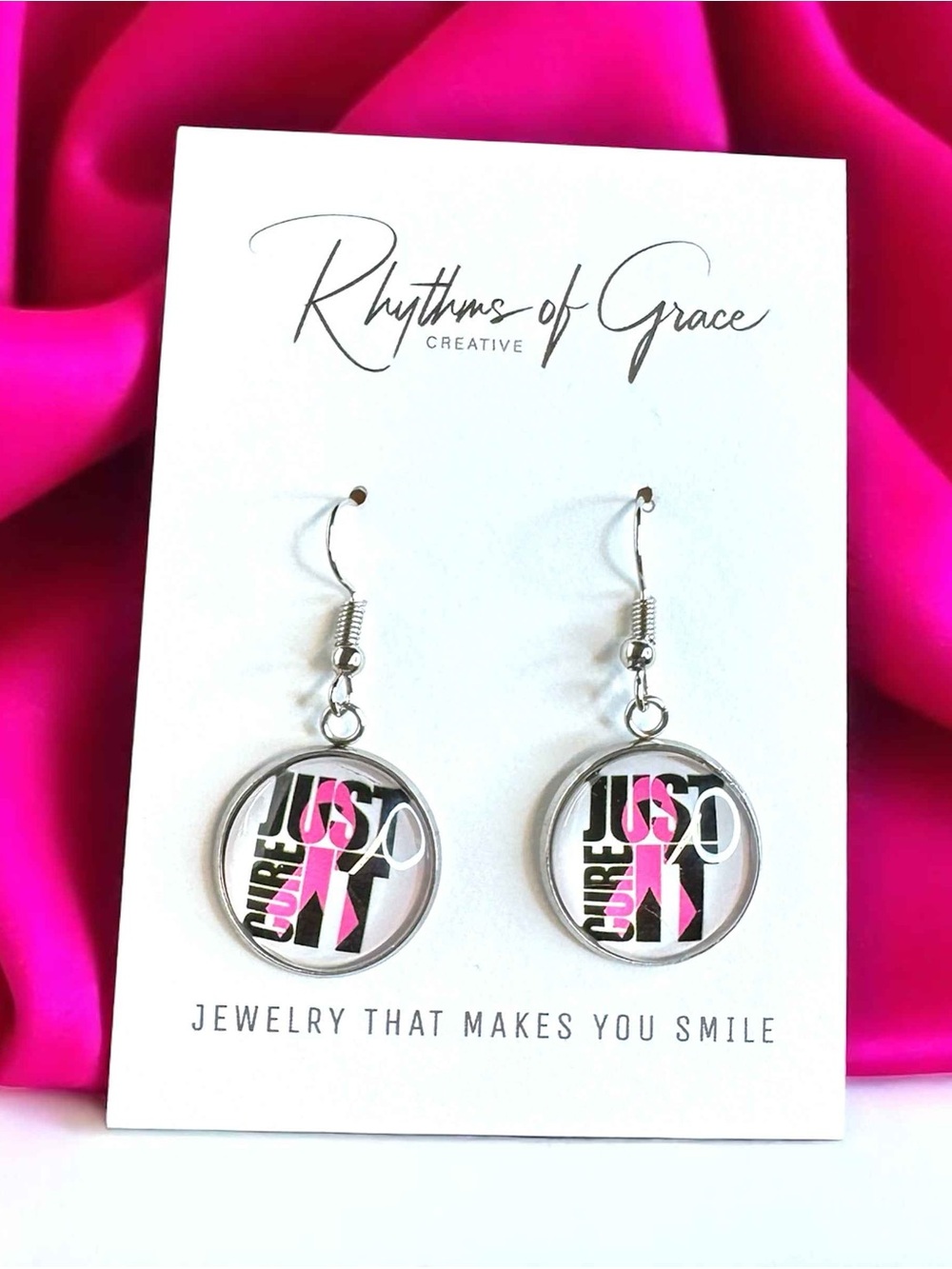 Just Cure It Breast Cancer Awareness Pink Ribbon Dangle Earrings NWT